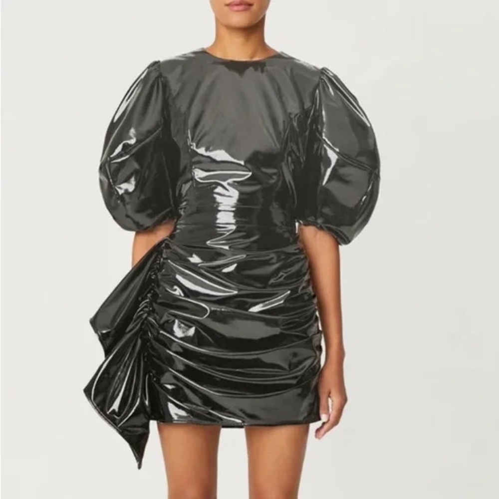 $525 NWT Rhode Pia Black Patent Faux Leather Mini Puff Sleeve Dress Sz 0
